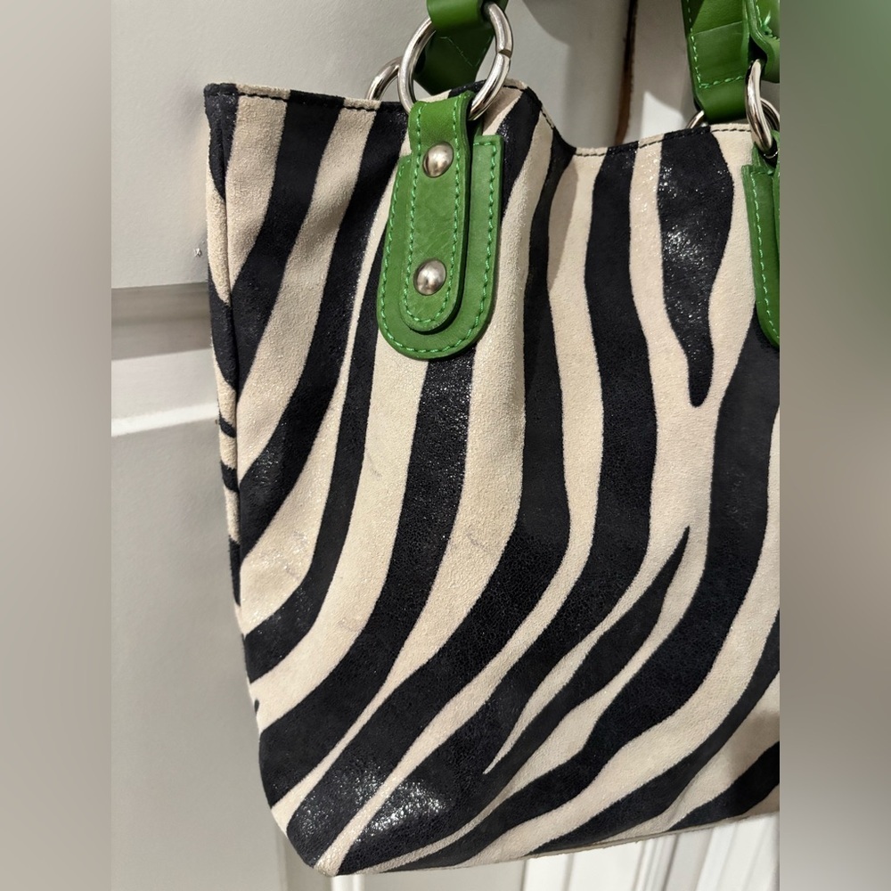 Maurizio Taiuti Zebra Print Leather Tote Bag Green Handles Made in Italy - Picture 9 of 11